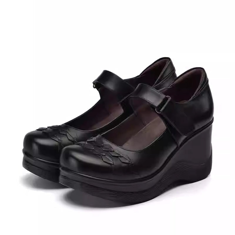 Custom Color Women’s Handmade Leather Mary Jane Creepers Retro Wedge Shoes with Velcro Strap in Black