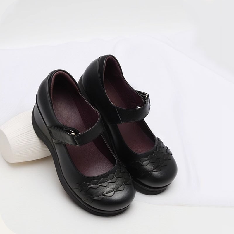 Custom Color Women’s Handmade Leather Mary Jane Creepers Retro Wedge Shoes with Velcro Strap in Black