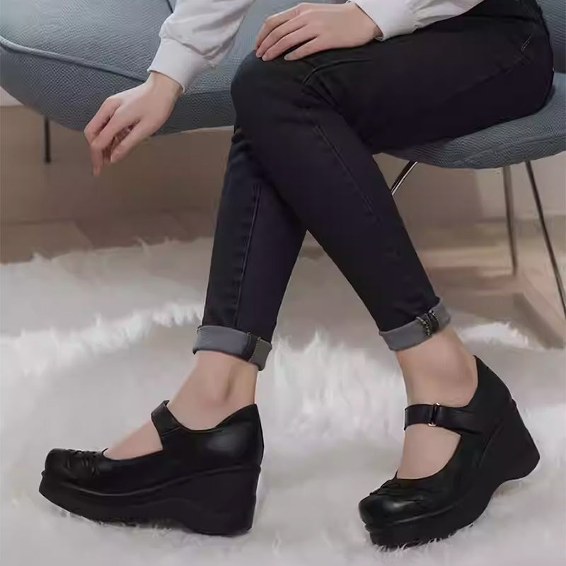 Custom Color Women’s Handmade Leather Mary Jane Creepers Retro Wedge Shoes with Velcro Strap in Black