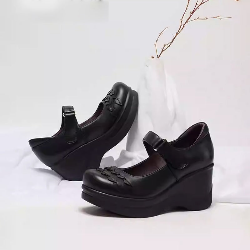 Custom Color Women’s Handmade Leather Mary Jane Creepers Retro Wedge Shoes with Velcro Strap in Black