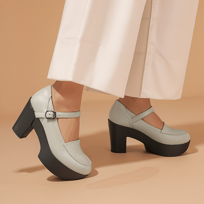 Custom Color Women’s Mary Jane Creepers Leather 90mm Block Heel Platform Shoes in Black/Beige