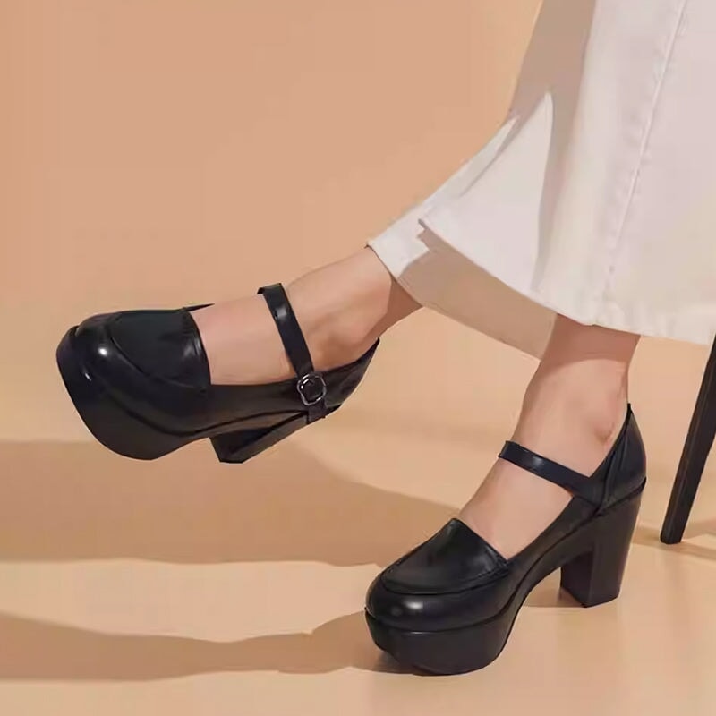 Custom Color Women’s Mary Jane Creepers Leather 90mm Block Heel Platform Shoes in Black/Beige