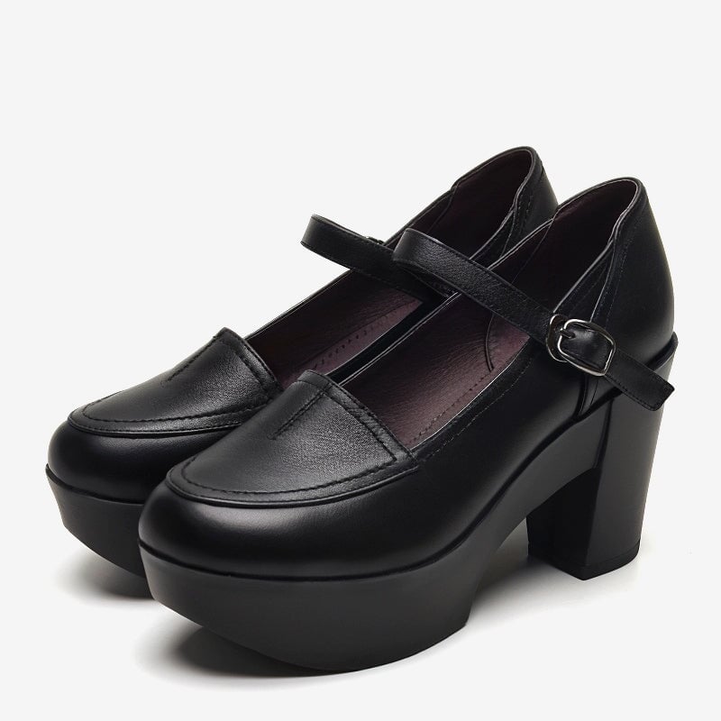 Custom Color Women’s Mary Jane Creepers Leather 90mm Block Heel Platform Shoes in Black/Beige