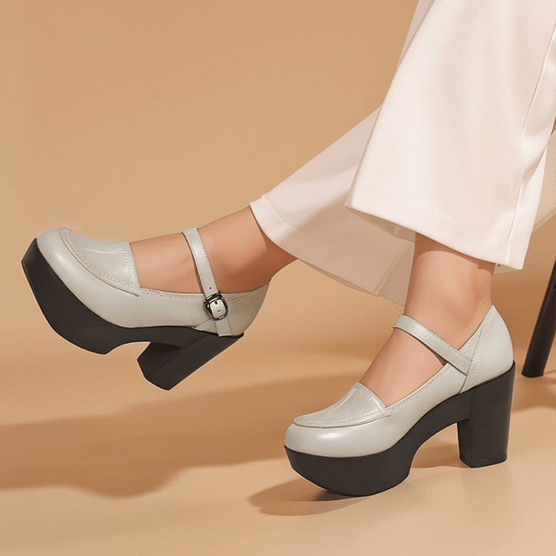 Custom Color Women’s Mary Jane Creepers Leather 90mm Block Heel Platform Shoes in Black/Beige