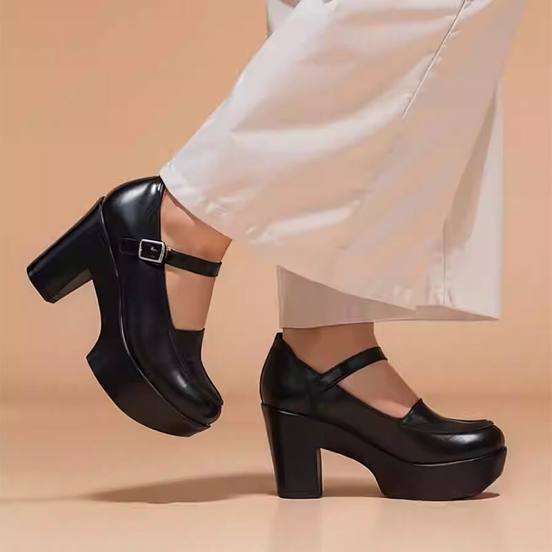 Custom Color Women’s Mary Jane Creepers Leather 90mm Block Heel Platform Shoes in Black/Beige