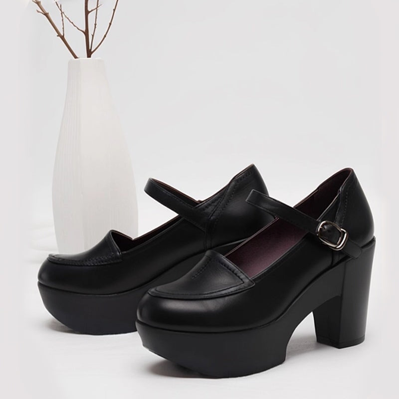 Custom Color Women’s Mary Jane Creepers Leather 90mm Block Heel Platform Shoes in Black/Beige