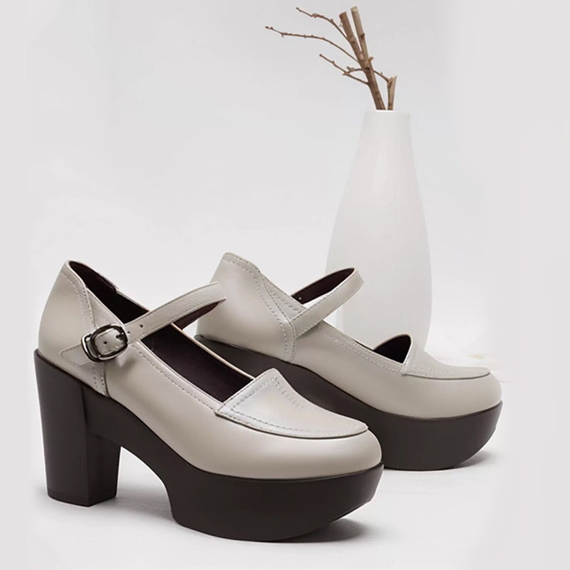 Custom Color Women’s Mary Jane Creepers Leather 90mm Block Heel Platform Shoes in Black/Beige