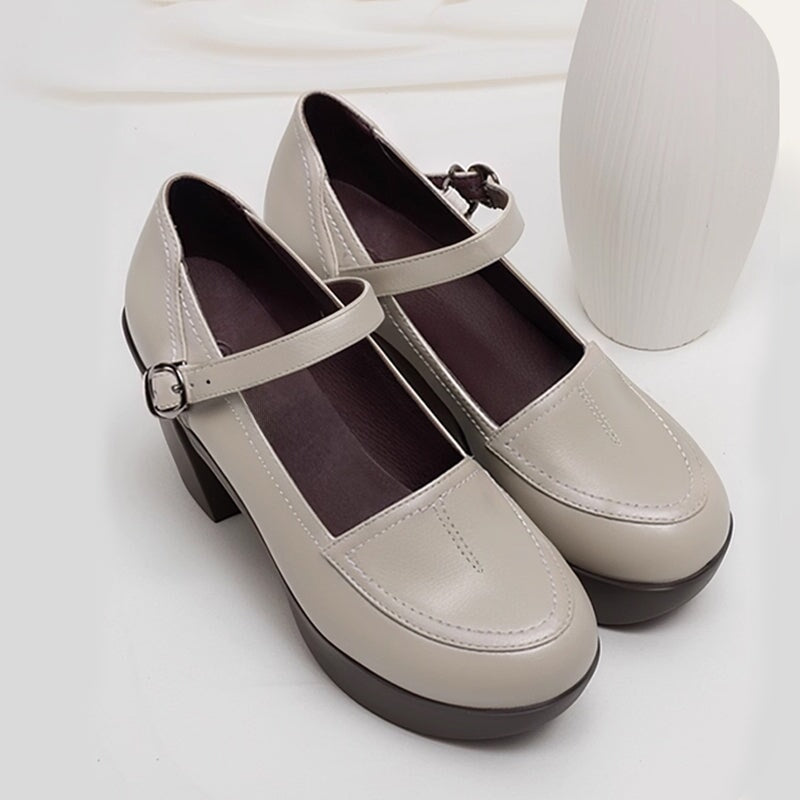 Custom Color Women’s Mary Jane Creepers Leather 90mm Block Heel Platform Shoes in Black/Beige