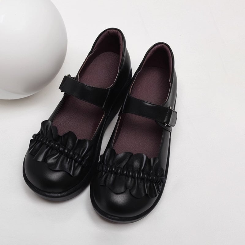 Custom Color Women’s Retro Leather Platform Mary Jane Creepers with Velcro Strap and Ruffle Design in Black