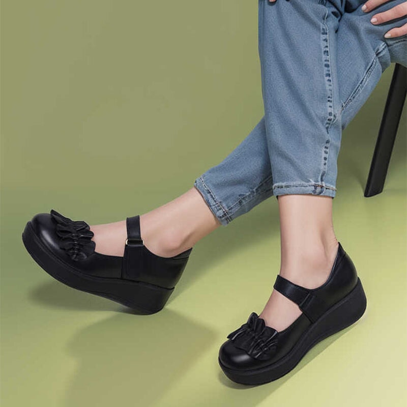 Custom Color Women’s Retro Leather Platform Mary Jane Creepers with Velcro Strap and Ruffle Design in Black