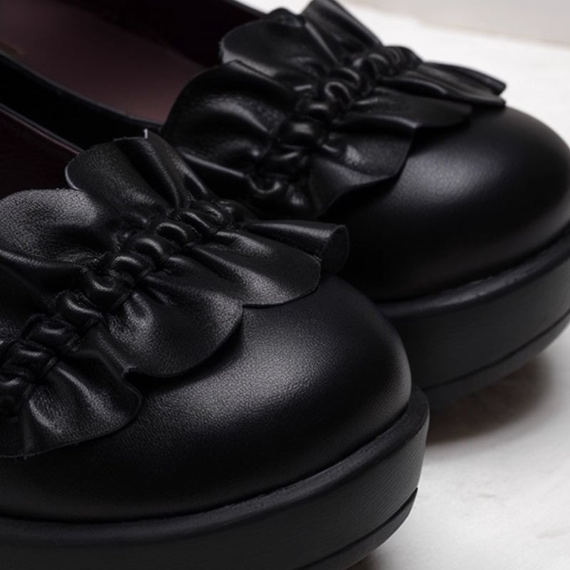 Custom Color Women’s Retro Leather Platform Mary Jane Creepers with Velcro Strap and Ruffle Design in Black