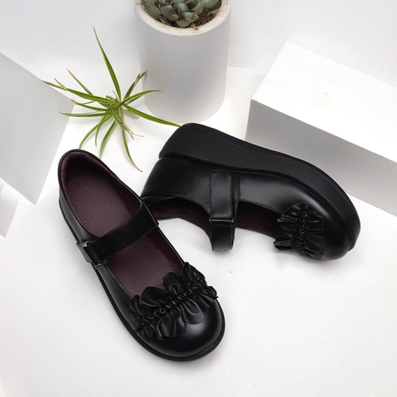 Custom Color Women’s Retro Leather Platform Mary Jane Creepers with Velcro Strap and Ruffle Design in Black