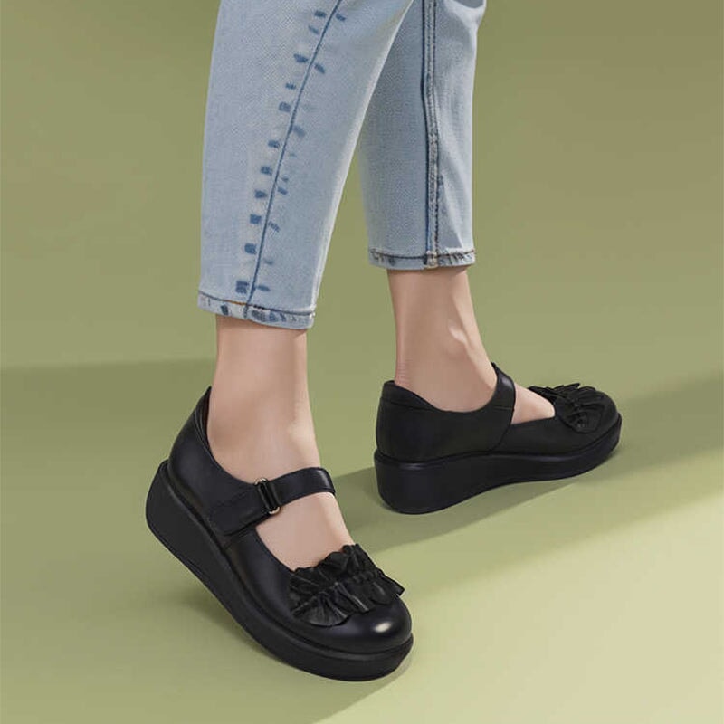 Custom Color Women’s Retro Leather Platform Mary Jane Creepers with Velcro Strap and Ruffle Design in Black
