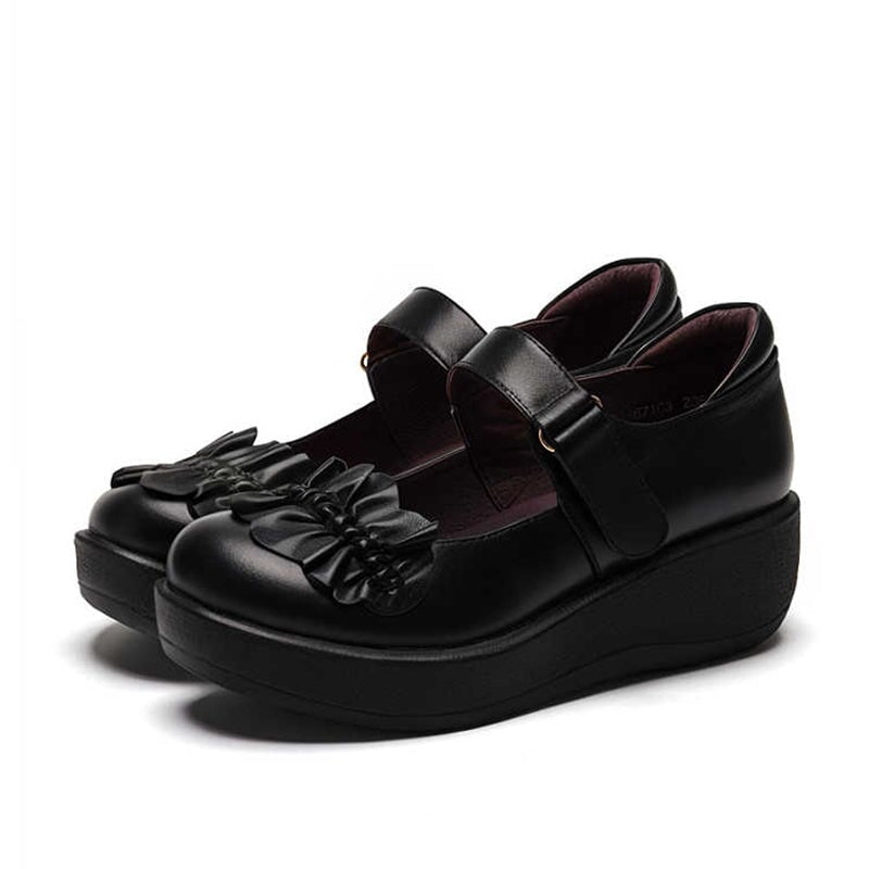 Custom Color Women’s Retro Leather Platform Mary Jane Creepers with Velcro Strap and Ruffle Design in Black