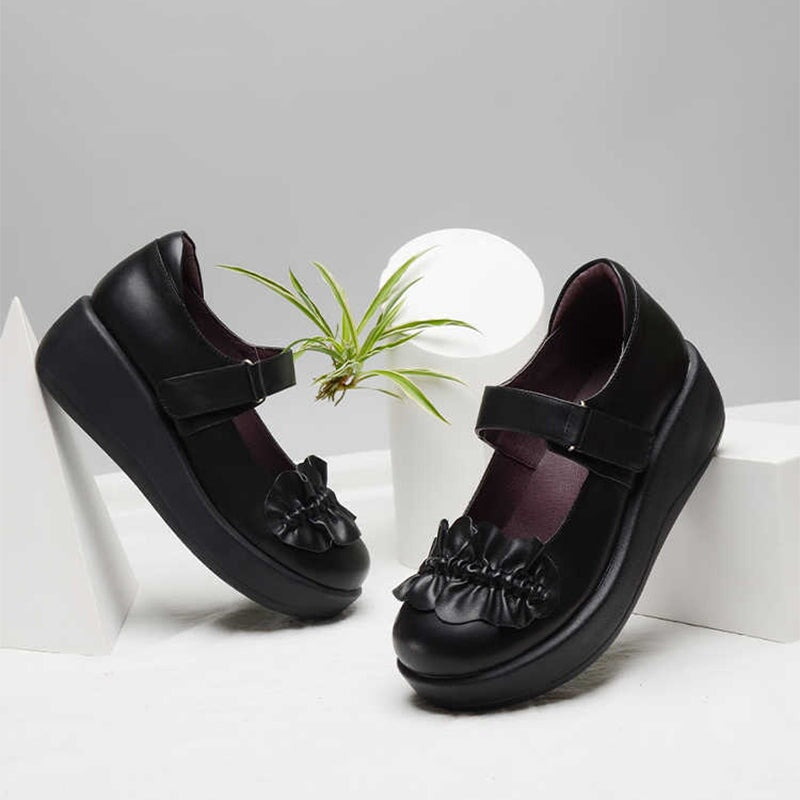 Custom Color Women’s Retro Leather Platform Mary Jane Creepers with Velcro Strap and Ruffle Design in Black