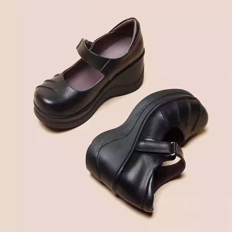 Custom Color Women’s Retro Mary Jane Creepers Leather Wedge Shoes in Top-Grain Leather with Velcro Strap in Black