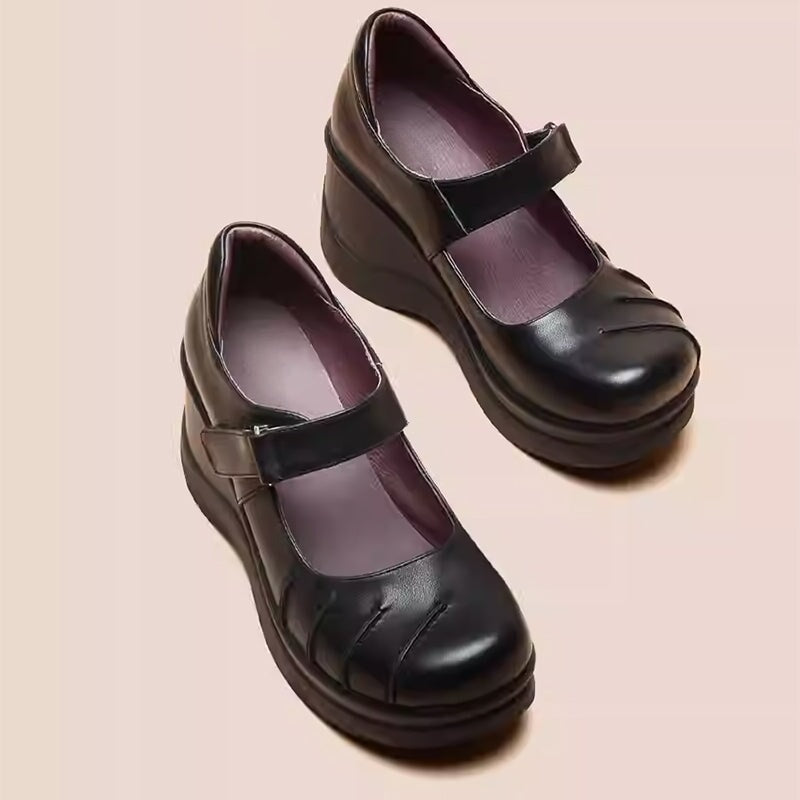 Custom Color Women’s Retro Mary Jane Creepers Leather Wedge Shoes in Top-Grain Leather with Velcro Strap in Black