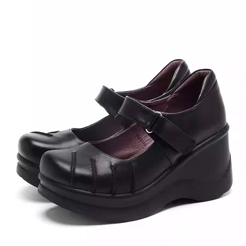 Custom Color Women’s Retro Mary Jane Creepers Leather Wedge Shoes in Top-Grain Leather with Velcro Strap in Black