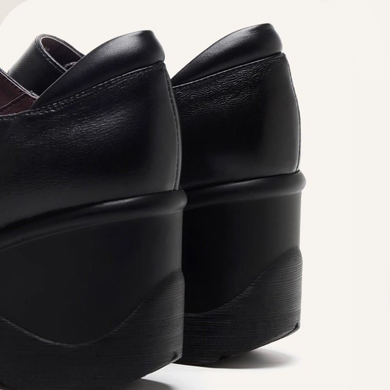Custom Color Women’s Retro Mary Jane Creepers Leather Wedge Shoes in Top-Grain Leather with Velcro Strap in Black