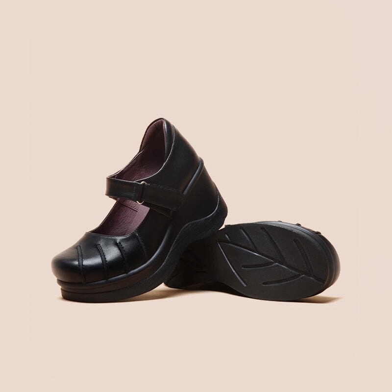 Custom Color Women’s Retro Mary Jane Creepers Leather Wedge Shoes in Top-Grain Leather with Velcro Strap in Black