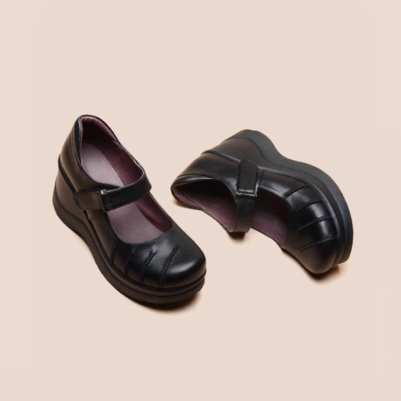 Custom Color Women’s Retro Mary Jane Creepers Leather Wedge Shoes in Top-Grain Leather with Velcro Strap in Black