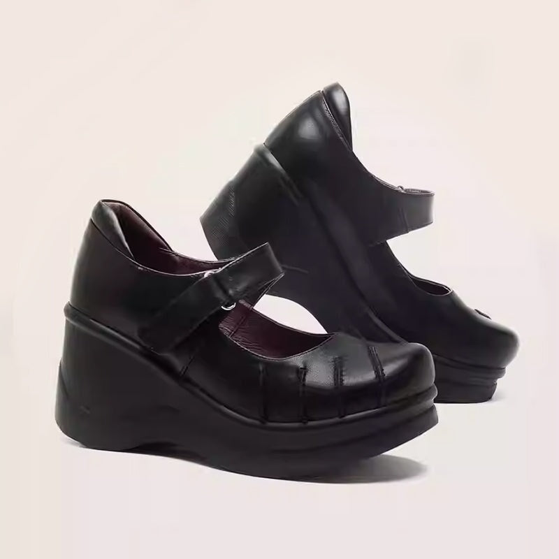 Custom Color Women’s Retro Mary Jane Creepers Leather Wedge Shoes in Top-Grain Leather with Velcro Strap in Black