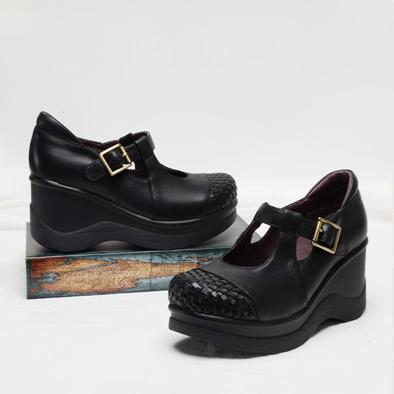 Custom Color Women’s Wedge Mary Jane Creepers T-Strap Shoes with Woven Toe in Leather in Black/Red