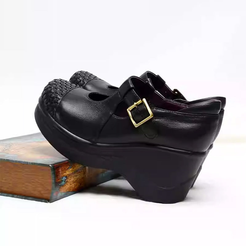Custom Color Women’s Wedge Mary Jane Creepers T-Strap Shoes with Woven Toe in Leather in Black/Red
