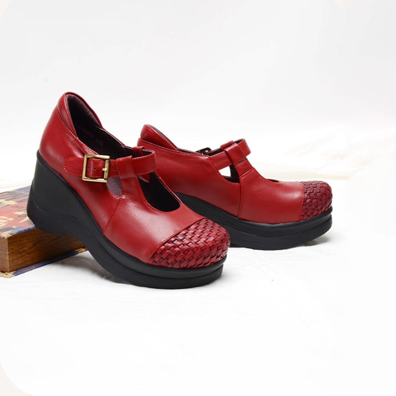 Custom Color Women’s Wedge Mary Jane Creepers T-Strap Shoes with Woven Toe in Leather in Black/Red