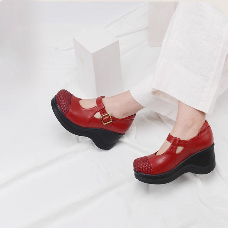 Custom Color Women’s Wedge Mary Jane Creepers T-Strap Shoes with Woven Toe in Leather in Black/Red