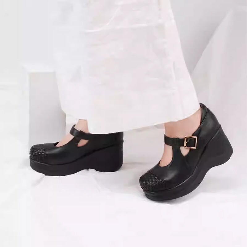 Custom Color Women’s Wedge Mary Jane Creepers T-Strap Shoes with Woven Toe in Leather in Black/Red