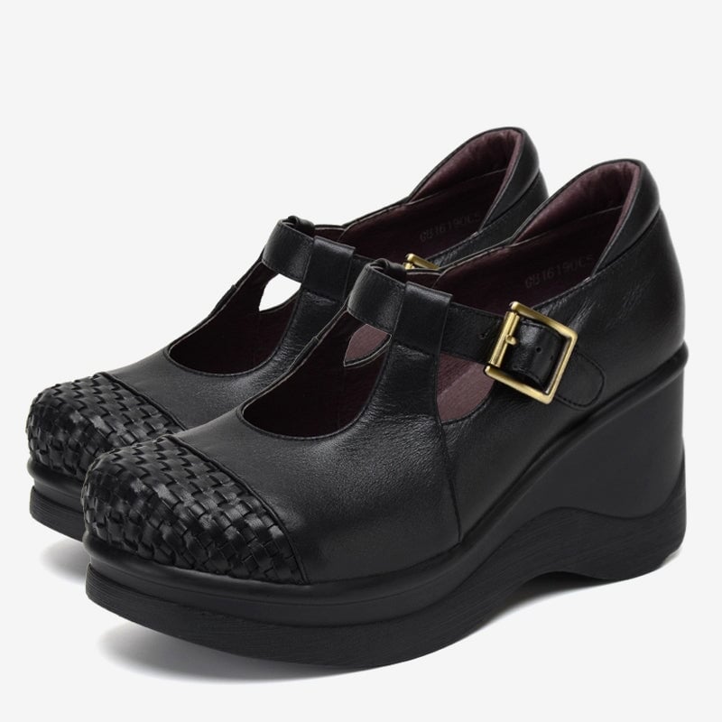 Custom Color Women’s Wedge Mary Jane Creepers T-Strap Shoes with Woven Toe in Leather in Black/Red