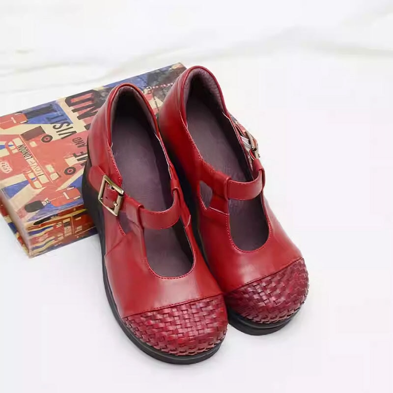 Custom Color Women’s Wedge Mary Jane Creepers T-Strap Shoes with Woven Toe in Leather in Black/Red