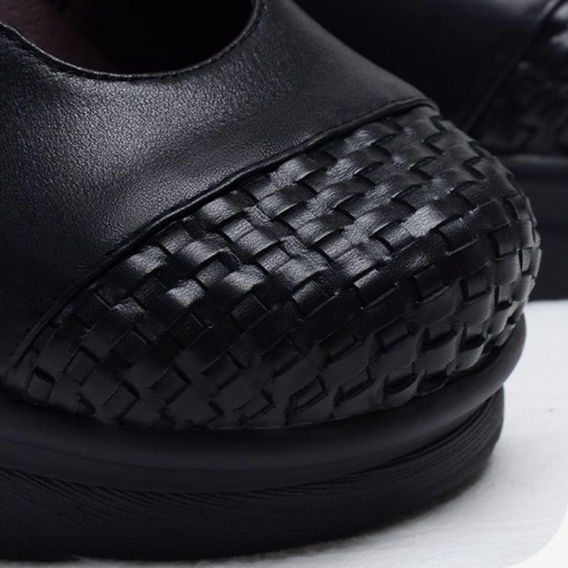 Custom Color Women’s Wedge Mary Jane Creepers T-Strap Shoes with Woven Toe in Leather in Black/Red