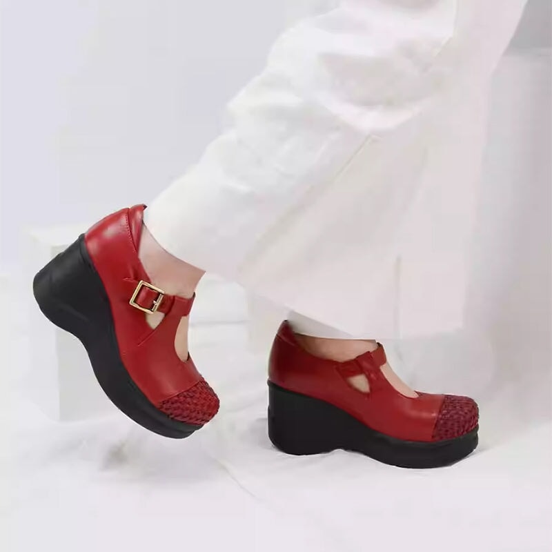 Custom Color Women’s Wedge Mary Jane Creepers T-Strap Shoes with Woven Toe in Leather in Black/Red