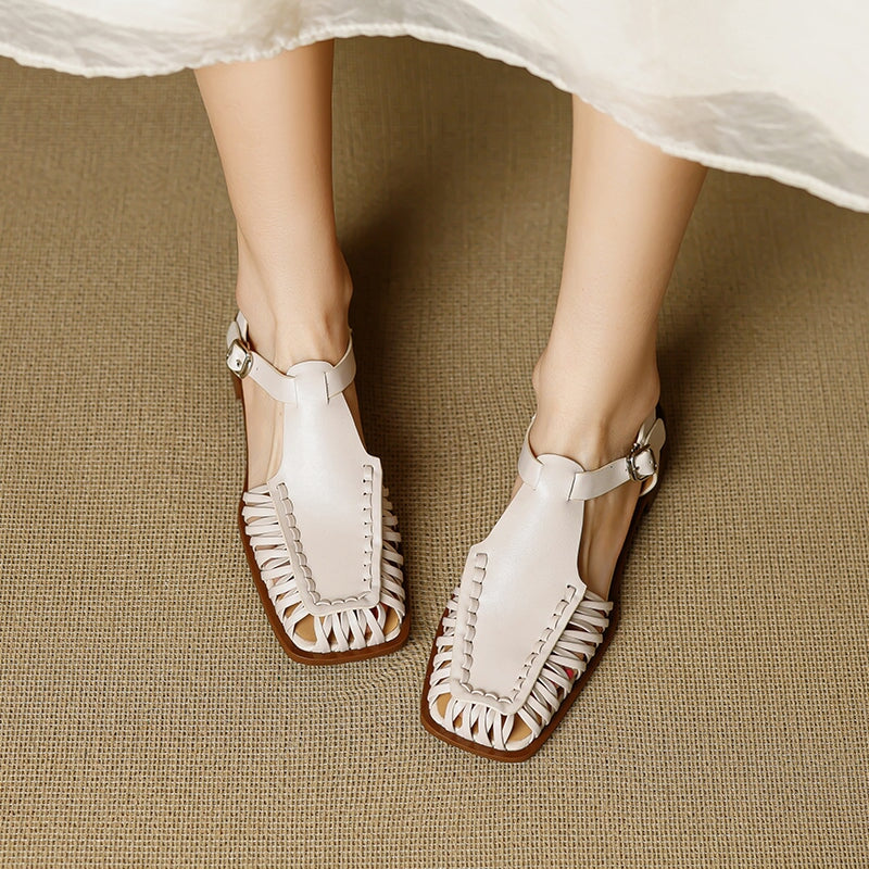 Designer Genuine Leather Fisherman Slingback Sandals T-Strap Woven Gladiator Shoes in Caramel/Beige/Black