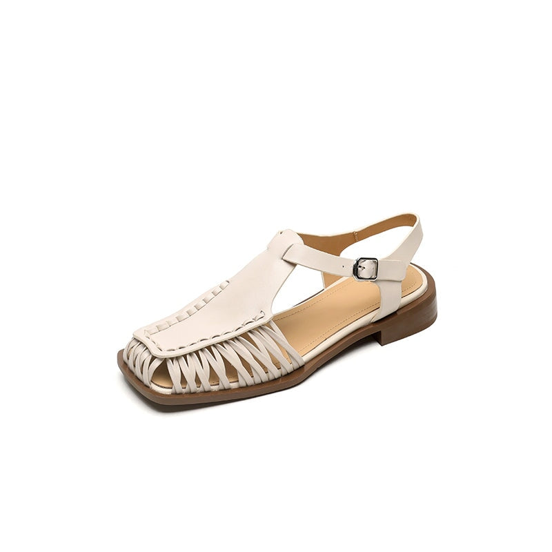 Designer Genuine Leather Fisherman Slingback Sandals T-Strap Woven Gladiator Shoes in Caramel/Beige/Black