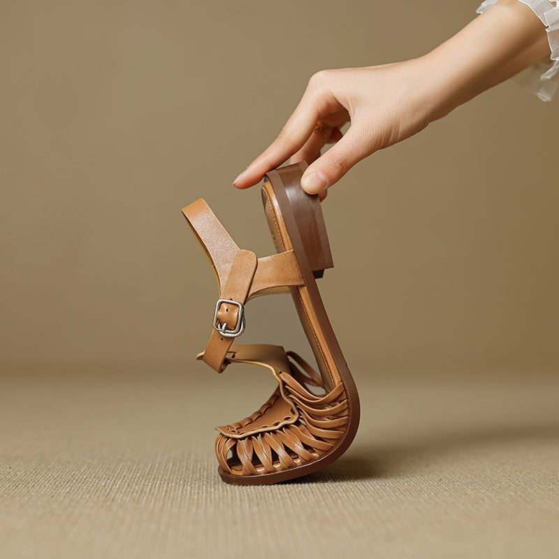 Designer Genuine Leather Fisherman Slingback Sandals T-Strap Woven Gladiator Shoes in Caramel/Beige/Black