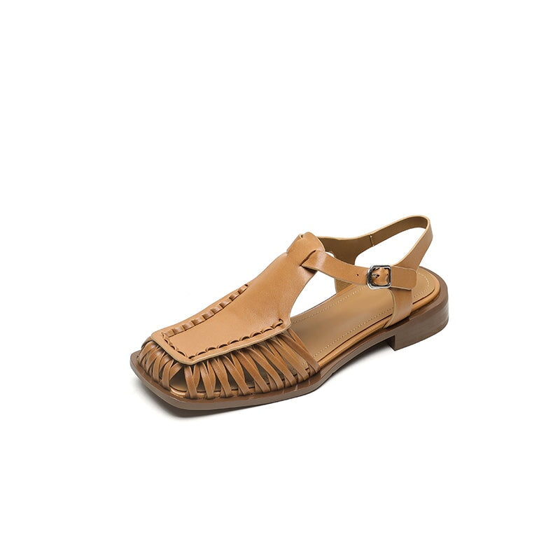 Designer Genuine Leather Fisherman Slingback Sandals T-Strap Woven Gladiator Shoes in Caramel/Beige/Black