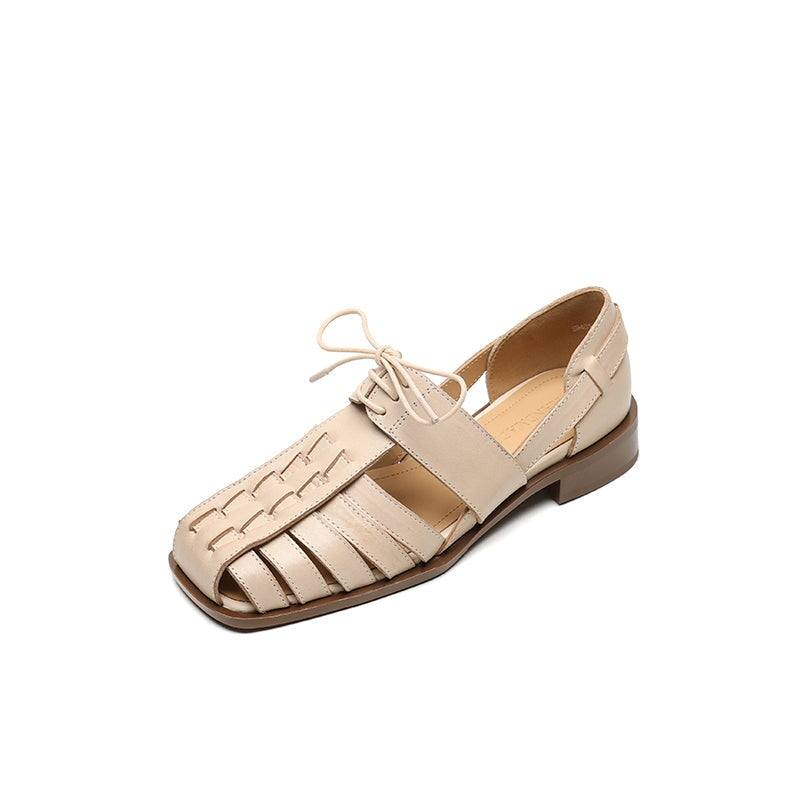 Designer Lace-Up Genuine Leather T-Strap Gladiator Fisherman Sandals for Women in Apricot/Black