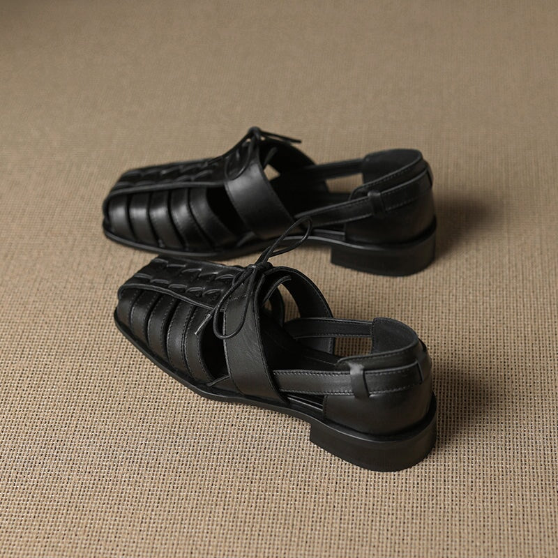 Designer Lace-Up Genuine Leather T-Strap Gladiator Fisherman Sandals for Women in Apricot/Black
