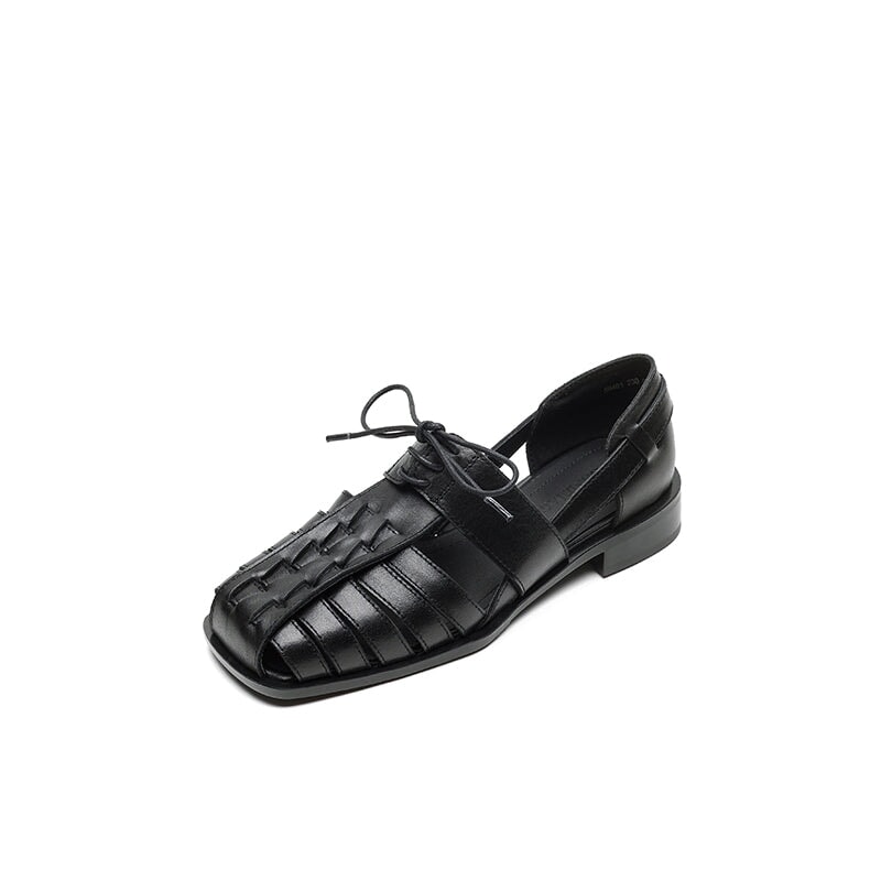 Designer Lace-Up Genuine Leather T-Strap Gladiator Fisherman Sandals for Women in Apricot/Black