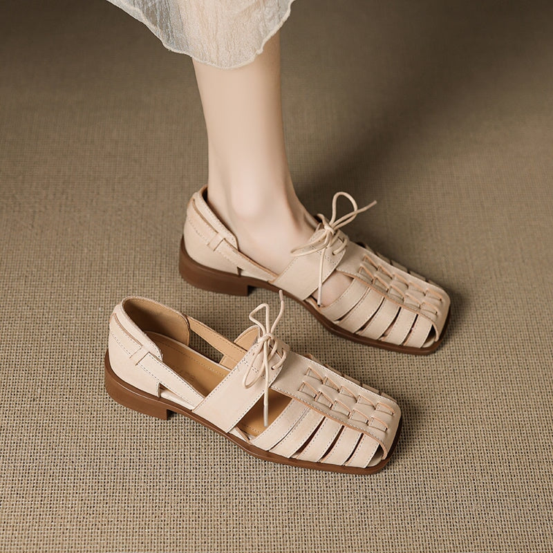 Designer Lace-Up Genuine Leather T-Strap Gladiator Fisherman Sandals for Women in Apricot/Black