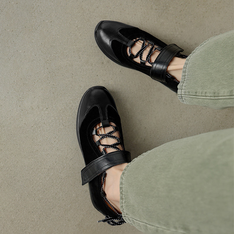 Designer Mary Jane Sneakers for Women Retro Velcro Strap Cut-Out Leather Trainers in Black/Brown
