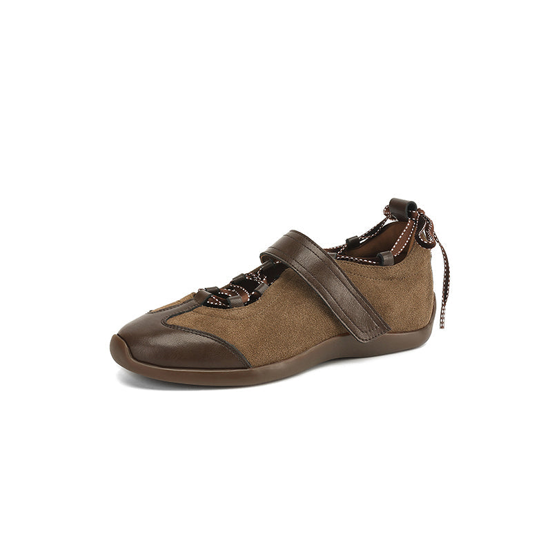 Designer Mary Jane Sneakers for Women Retro Velcro Strap Cut-Out Leather Trainers in Black/Brown
