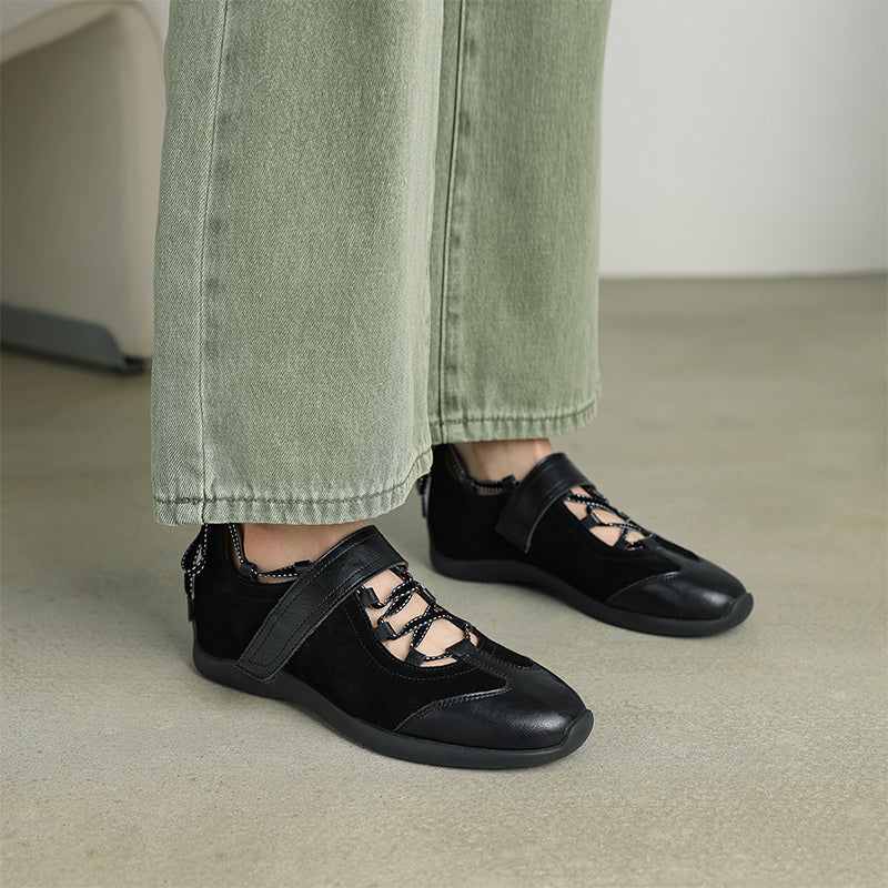Designer Mary Jane Sneakers for Women Retro Velcro Strap Cut-Out Leather Trainers in Black/Brown