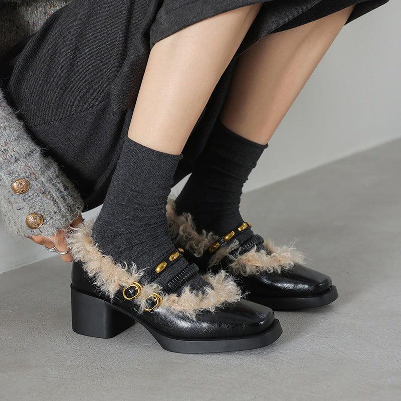 Designer Square Toe Shaggy Leather Mary Jane Shoes with Double Buckle in Black/Brown