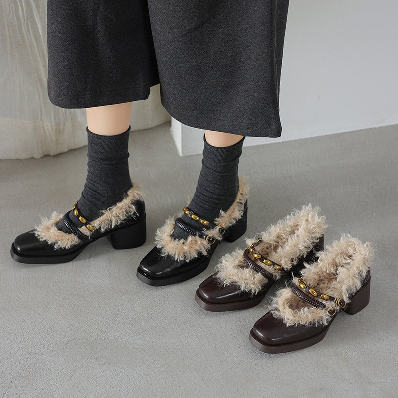 Designer Square Toe Shaggy Leather Mary Jane Shoes with Double Buckle in Black/Brown