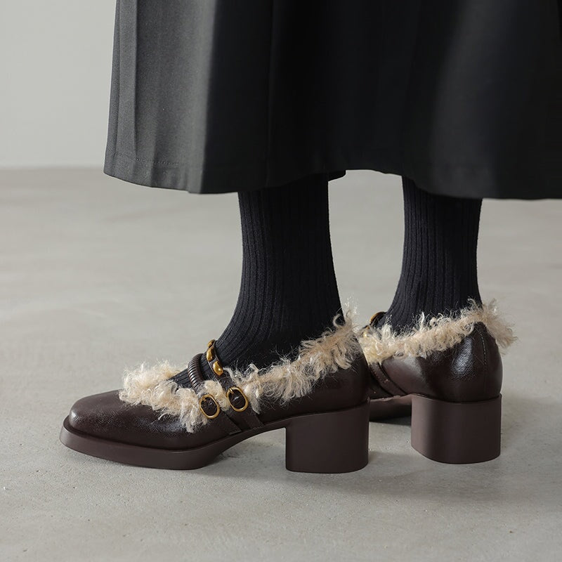 Designer Square Toe Shaggy Leather Mary Jane Shoes with Double Buckle in Black/Brown