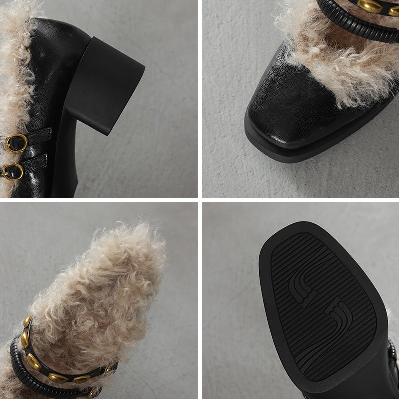 Designer Square Toe Shaggy Leather Mary Jane Shoes with Double Buckle in Black/Brown